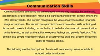 Communication Skills
Communication is something we are engaged in every day may that be personally,
academically, or professionally, making it a significant and relevant domain among the
21st Century Skills. This domain recognizes the value of communication for a wide
range of purposes. This domain puts premium on communication skills including all
forms and contexts, including but not limited to verbal and non-verbal communication,
active listening, as well as the ability to express feelings and provide feedback. This
domain also covers negotiation/refusal or assertiveness skills that directly affect ones’
ability to manage conflict.
The following are the descriptions of each skill, competency, value, or attribute
included under this domain:
 