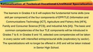 Rationalization of Technical-Vocational-Livelihood Specialization
The learners in Grades 4 to 6 will explore the fundamental home skills (one
skill per component) of the four components of EPP/TLE (Information and
Communications Technology [ICT], Agriculture and Fishery Arts [AFA],
Family and Consumer Science [FCS], and Industrial Arts [IA]). The basic and
common competencies of the four TLE components will be introduced in
Grades 7 to 8. In Grades 9 and 10, selected core competencies will be taken
in every sector with intensified entrepreneurial skills (exploratory by sector).
The specializations will no longer be offered in JHS and will be taken instead
in Senior High School.
 