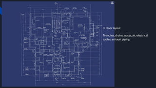 3. Floor layout
Trenches, drains, water, air, electrical
cables, exhaust piping
 