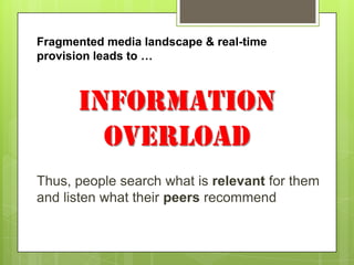 Fragmented media landscape & real-time provision leads to …INFORMATIONOVERLOADThus, people search what is relevant for them and listen what their peers recommend
