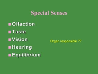 Special Senses Olfaction Taste Vision Hearing Equilibrium Organ responsible ?? 