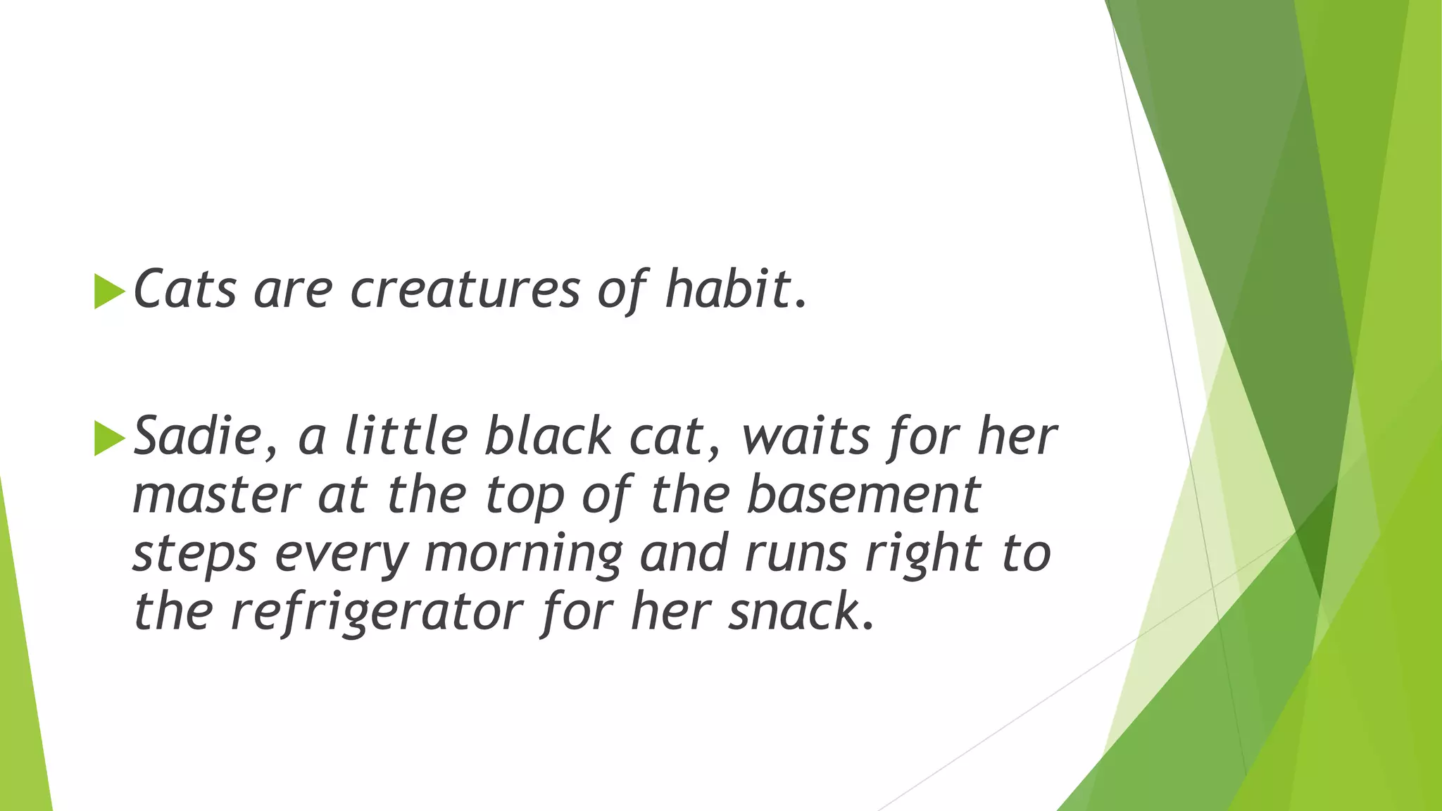 Cats are creatures of habit.
Sadie, a little black cat, waits for her
master at the top of the basement
steps every morning and runs right to
the refrigerator for her snack.
 