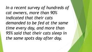 In a recent survey of hundreds of
cat owners, more than 90%
indicated that their cats
demanded to be fed at the same
time every day, and more than
95% said that their cats sleep in
the same spots day after day.
 