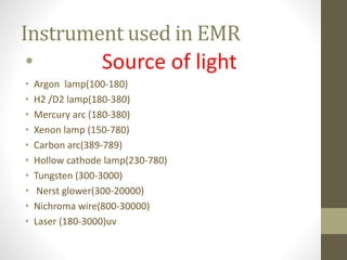 Instrument used in EMR
• Source of light
• Argon lamp(100-180)
• H2 /D2 lamp(180-380)
• Mercury arc (180-380)
• Xenon lamp (150-780)
• Carbon arc(389-789)
• Hollow cathode lamp(230-780)
• Tungsten (300-3000)
• Nerst glower(300-20000)
• Nichroma wire(800-30000)
• Laser (180-3000)uv
 