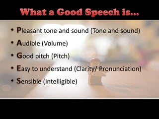 •   Pleasant tone and sound (Tone and sound)
•   Audible (Volume)
•   Good pitch (Pitch)
•   Easy to understand (Clarity/ Pronunciation)
•   Sensible (Intelligible)
 
