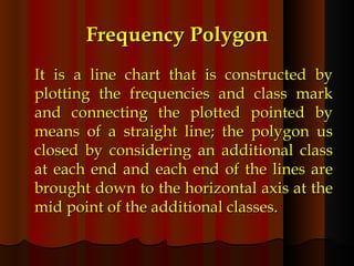 Frequency Polygon It is a line chart that is constructed by plotting the frequencies and class mark and connecting the plotted pointed by means of a straight line; the polygon us closed by considering an additional class at each end and each end of the lines are brought down to the horizontal axis at the mid point of the additional classes. 