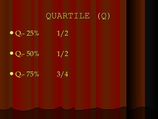 QUARTILE (Q) Q 1 - 25% 1/2 Q 2 - 50% 1/2 Q 3 - 75% 3/4 