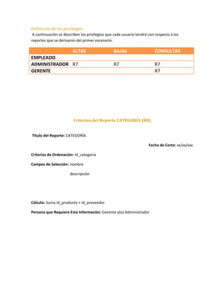 Definición de los privilegios
 A continuación se describen los privilegios que cada usuario tendrá con respecto a los
reportes que se derivaron del primer escenario.

                        ALTAS                   BAJAS                   CONSULTAS
EMPLEADO
ADMINISTRADOR R7                                R7                      R7
GERENTE                                                                 R7




                        Criterios del Reporte CATEGORÍA (R8)


Título del Reporte: CATEGORÍA

                                                                     Fecha de Corte: xx/xx/xxx

Criterios de Ordenación: id_categoria

Campos de Selección: nombre

                      descripción




Cálculo: Suma id_producto + id_proveedor

Persona que Requiere Esta Información: Gerente y(o) Administrador
 