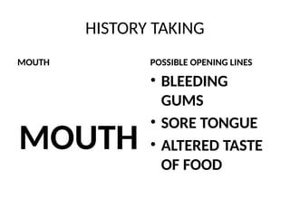 HISTORY TAKING
MOUTH
MOUTH
POSSIBLE OPENING LINES
• BLEEDING
GUMS
• SORE TONGUE
• ALTERED TASTE
OF FOOD
 