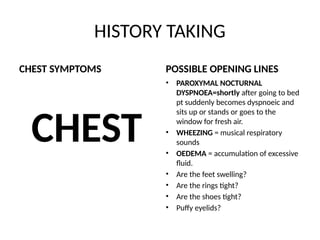HISTORY TAKING
CHEST SYMPTOMS
CHEST
POSSIBLE OPENING LINES
• PAROXYMAL NOCTURNAL
DYSPNOEA=shortly after going to bed
pt suddenly becomes dyspnoeic and
sits up or stands or goes to the
window for fresh air.
• WHEEZING = musical respiratory
sounds
• OEDEMA = accumulation of excessive
fluid.
• Are the feet swelling?
• Are the rings tight?
• Are the shoes tight?
• Puffy eyelids?
 