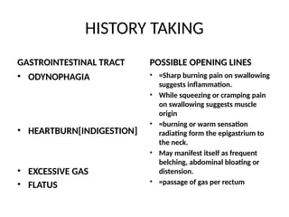 HISTORY TAKING
GASTROINTESTINAL TRACT
• ODYNOPHAGIA
• HEARTBURN[INDIGESTION]
• EXCESSIVE GAS
• FLATUS
POSSIBLE OPENING LINES
• =Sharp burning pain on swallowing
suggests inflammation.
• While squeezing or cramping pain
on swallowing suggests muscle
origin
• =burning or warm sensation
radiating form the epigastrium to
the neck.
• May manifest itself as frequent
belching, abdominal bloating or
distension.
• =passage of gas per rectum
 