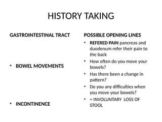 HISTORY TAKING
GASTROINTESTINAL TRACT
• BOWEL MOVEMENTS
• INCONTINENCE
POSSIBLE OPENING LINES
• REFERED PAIN pancreas and
duodenum refer their pain to
the back
• How often do you move your
bowels?
• Has there been a change in
pattern?
• Do you any difficulties when
you move your bowels?
• = INVOLUNTARY LOSS OF
STOOL
 