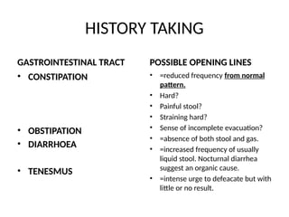 HISTORY TAKING
GASTROINTESTINAL TRACT
• CONSTIPATION
• OBSTIPATION
• DIARRHOEA
• TENESMUS
POSSIBLE OPENING LINES
• =reduced frequency from normal
pattern.
• Hard?
• Painful stool?
• Straining hard?
• Sense of incomplete evacuation?
• =absence of both stool and gas.
• =increased frequency of usually
liquid stool. Nocturnal diarrhea
suggest an organic cause.
• =intense urge to defeacate but with
little or no result.
 