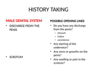 HISTORY TAKING
MALE GENITAL SYSTEM
• DISCHARGE FROM THE
PENIS
• SCROTUM
POSSIBLE OPENING LINES
• Do you have any discharge
from the penis?
– Amount
– Colour
– consistence
• Any staining of the
underwear?
• Any sores or growths on the
penis?
• Any swelling or pain in the
scrotum?
 