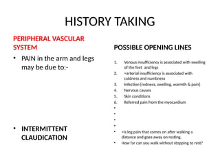 HISTORY TAKING
PERIPHERAL VASCULAR
SYSTEM
• PAIN in the arm and legs
may be due to:-
• INTERMITTENT
CLAUDICATION
POSSIBLE OPENING LINES
1. Venous insufficiency is associated with swelling
of the feet and legs
2. =arterial insufficiency is associated with
coldness and numbness
3. Infection [redness, swelling, warmth & pain]
4. Nervous causes
5. Skin conditions
6. Referred pain from the myocardium
•
•
•
•
• =is leg pain that comes on after walking a
distance and goes away on resting.
• How far can you walk without stopping to rest?
 