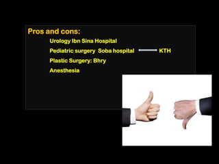 Pros and cons:
     Urology Ibn Sina Hospital
     Pediatric surgery Soba hospital   KTH
     Plastic Surgery: Bhry
     Anesthesia
 