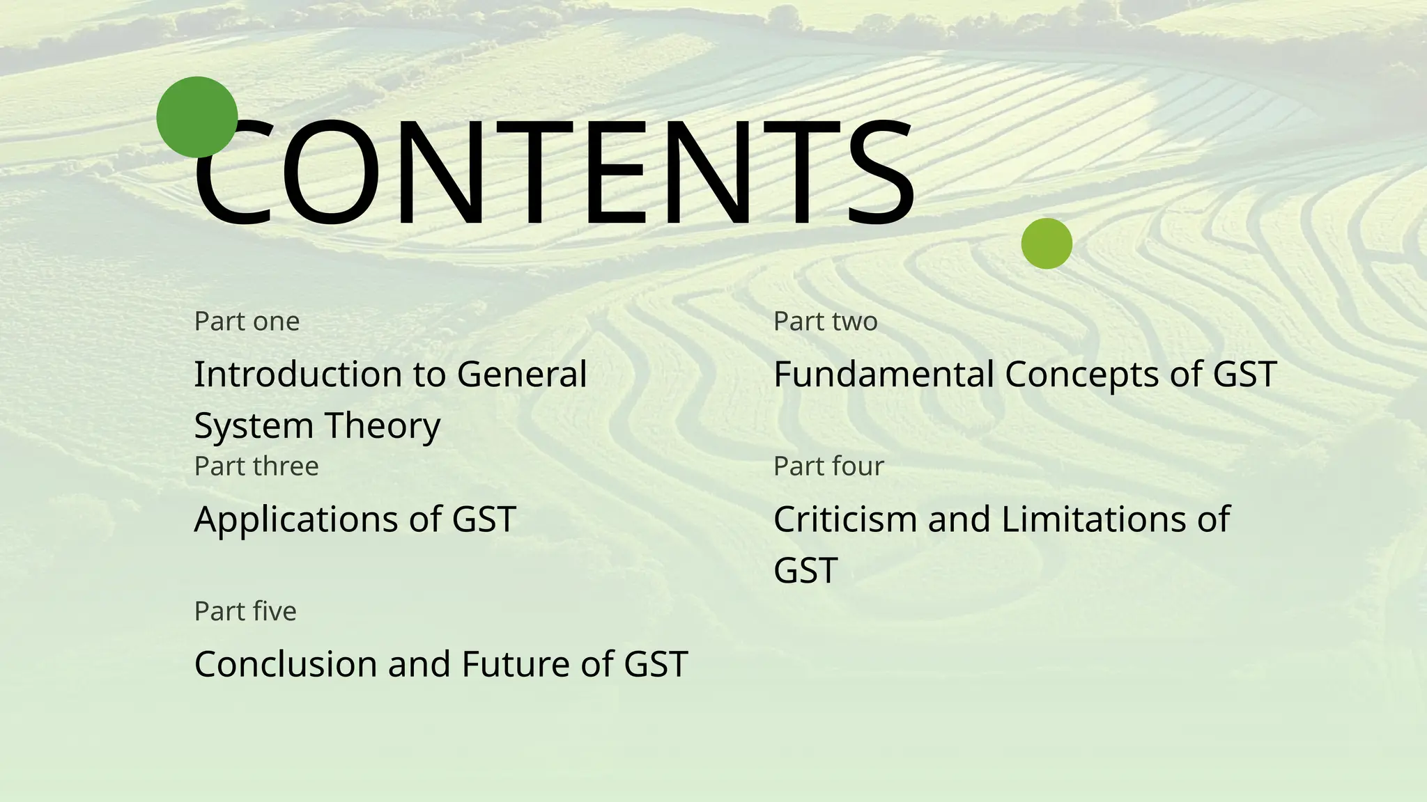 CONTENTS
Part one
Introduction to General
System Theory
Part two
Fundamental Concepts of GST
Part three
Applications of GST
Part four
Criticism and Limitations of
GST
Part five
Conclusion and Future of GST
 