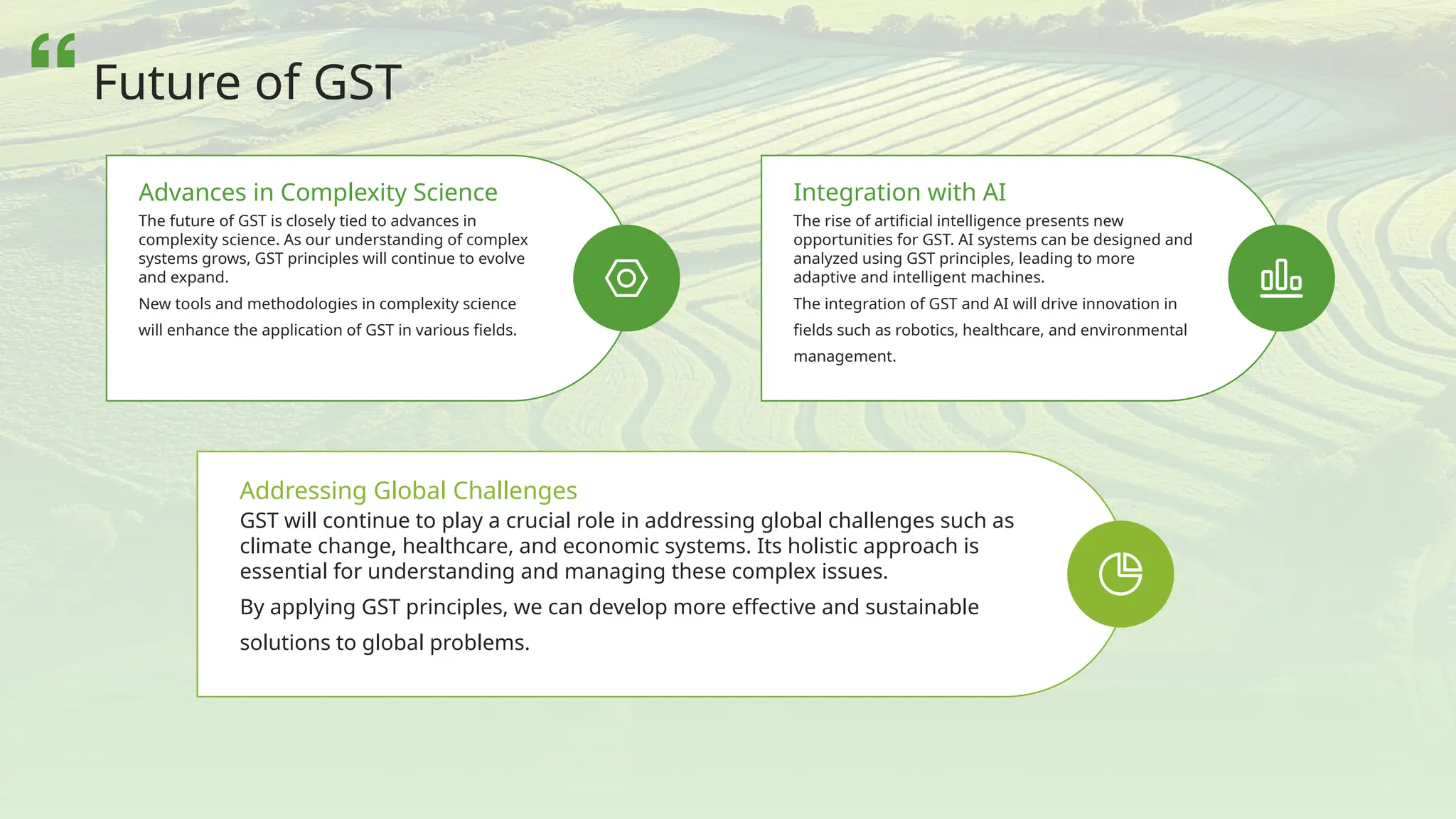 The future of GST is closely tied to advances in
complexity science. As our understanding of complex
systems grows, GST principles will continue to evolve
and expand.
New tools and methodologies in complexity science
will enhance the application of GST in various fields.
Advances in Complexity Science
The rise of artificial intelligence presents new
opportunities for GST. AI systems can be designed and
analyzed using GST principles, leading to more
adaptive and intelligent machines.
The integration of GST and AI will drive innovation in
fields such as robotics, healthcare, and environmental
management.
Integration with AI
GST will continue to play a crucial role in addressing global challenges such as
climate change, healthcare, and economic systems. Its holistic approach is
essential for understanding and managing these complex issues.
By applying GST principles, we can develop more effective and sustainable
solutions to global problems.
Addressing Global Challenges
Future of GST
 
