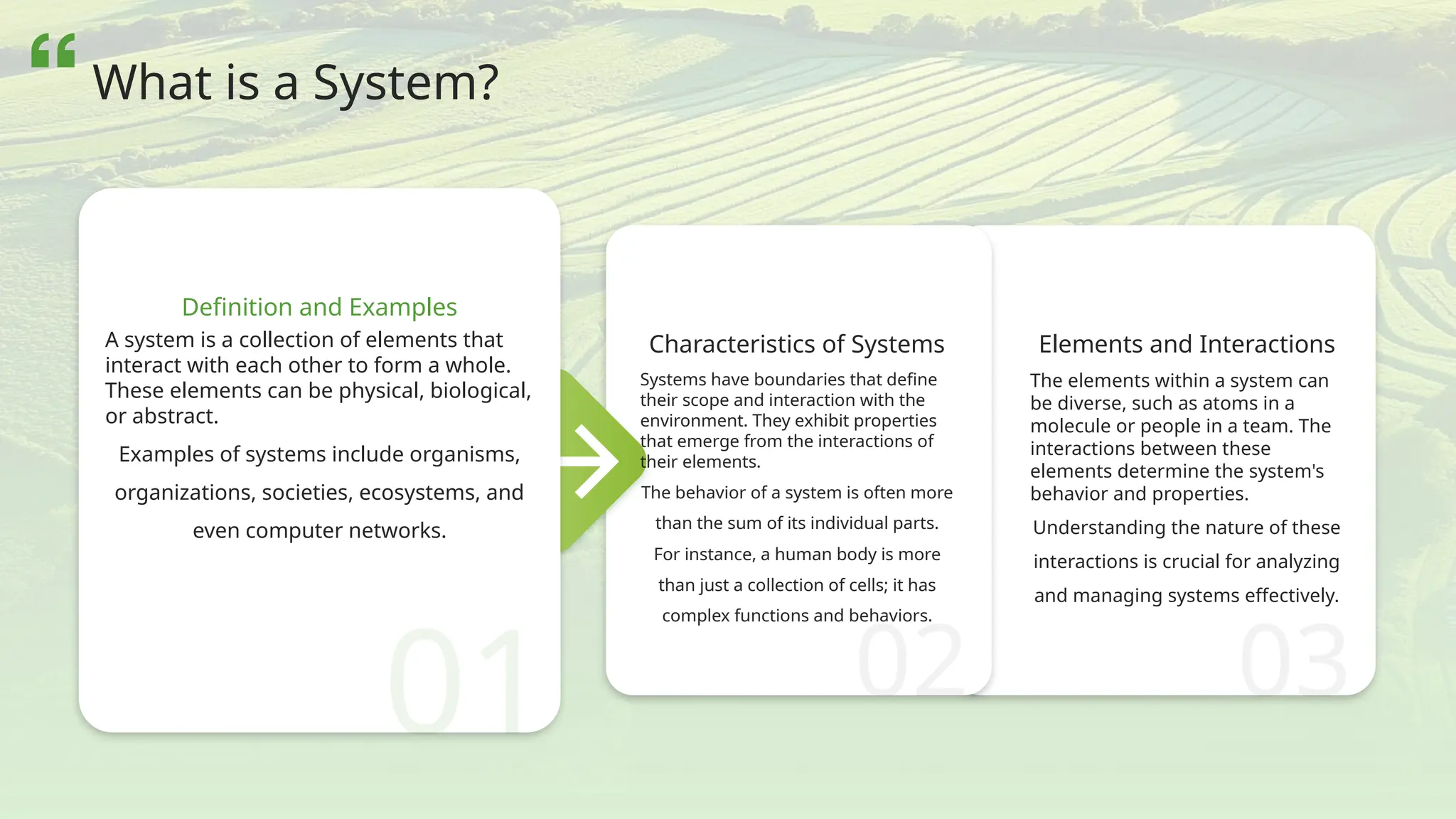 02 03
01
Characteristics of Systems
Systems have boundaries that define
their scope and interaction with the
environment. They exhibit properties
that emerge from the interactions of
their elements.
The behavior of a system is often more
than the sum of its individual parts.
For instance, a human body is more
than just a collection of cells; it has
complex functions and behaviors.
Elements and Interactions
The elements within a system can
be diverse, such as atoms in a
molecule or people in a team. The
interactions between these
elements determine the system's
behavior and properties.
Understanding the nature of these
interactions is crucial for analyzing
and managing systems effectively.
Definition and Examples
A system is a collection of elements that
interact with each other to form a whole.
These elements can be physical, biological,
or abstract.
Examples of systems include organisms,
organizations, societies, ecosystems, and
even computer networks.
What is a System?
 