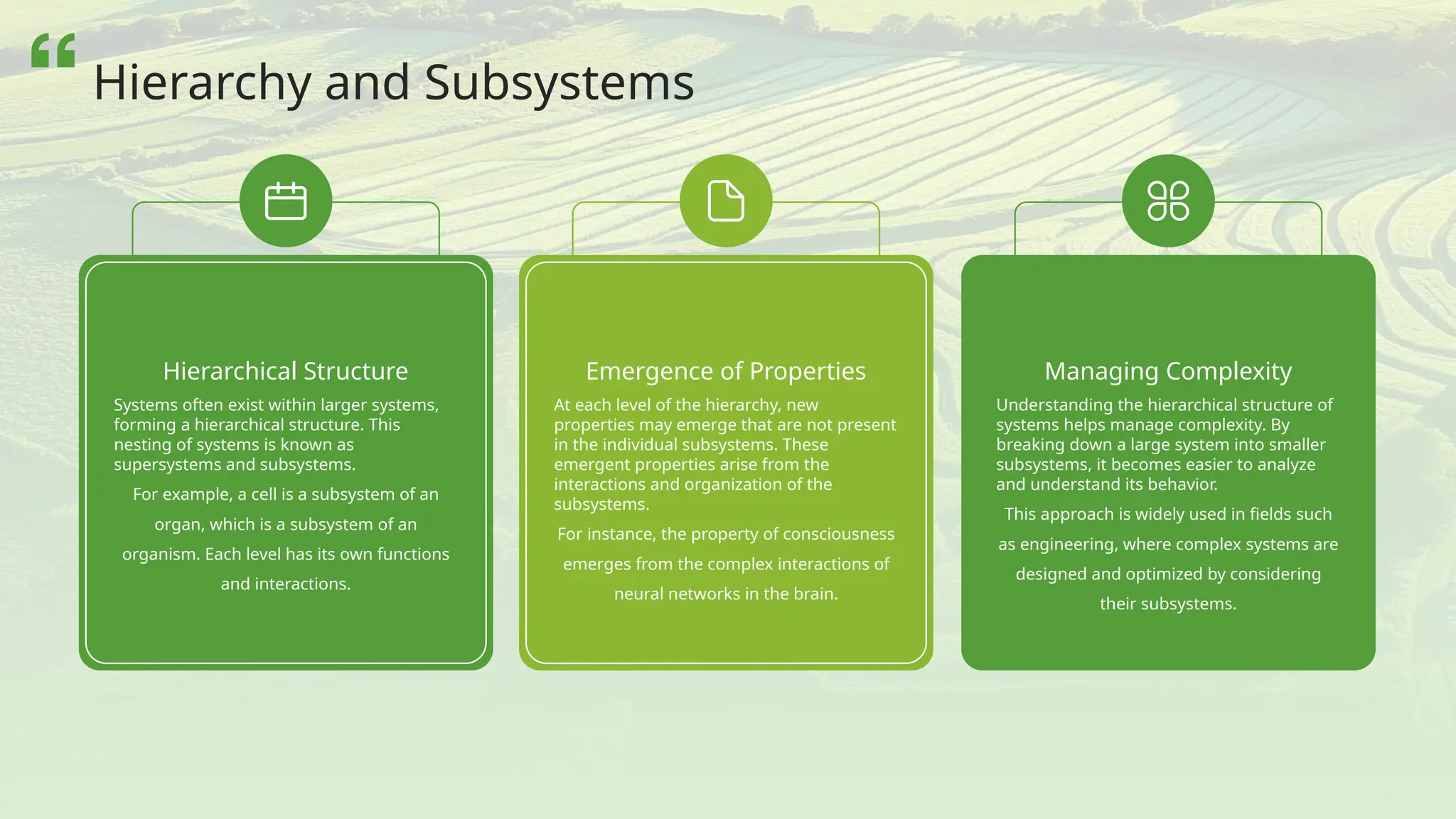 Systems often exist within larger systems,
forming a hierarchical structure. This
nesting of systems is known as
supersystems and subsystems.
For example, a cell is a subsystem of an
organ, which is a subsystem of an
organism. Each level has its own functions
and interactions.
Hierarchical Structure
At each level of the hierarchy, new
properties may emerge that are not present
in the individual subsystems. These
emergent properties arise from the
interactions and organization of the
subsystems.
For instance, the property of consciousness
emerges from the complex interactions of
neural networks in the brain.
Emergence of Properties
Understanding the hierarchical structure of
systems helps manage complexity. By
breaking down a large system into smaller
subsystems, it becomes easier to analyze
and understand its behavior.
This approach is widely used in fields such
as engineering, where complex systems are
designed and optimized by considering
their subsystems.
Managing Complexity
Hierarchy and Subsystems
 