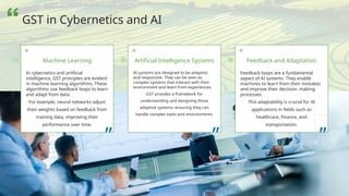 In cybernetics and artificial
intelligence, GST principles are evident
in machine learning algorithms. These
algorithms use feedback loops to learn
and adapt from data.
For example, neural networks adjust
their weights based on feedback from
training data, improving their
performance over time.
”
AI systems are designed to be adaptive
and responsive. They can be seen as
complex systems that interact with their
environment and learn from experiences.
GST provides a framework for
understanding and designing these
adaptive systems, ensuring they can
handle complex tasks and environments.
”
Machine Learning Artificial Intelligence Systems
Feedback loops are a fundamental
aspect of AI systems. They enable
machines to learn from their mistakes
and improve their decision- making
processes.
This adaptability is crucial for AI
applications in fields such as
healthcare, finance, and
transportation.
”
Feedback and Adaptation
GST in Cybernetics and AI
 