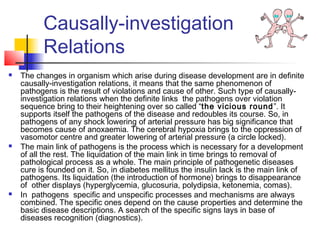 Causally-investigation
          Relations
   The changes in organism which arise during disease development are in definite
    causally-investigation relations, it means that the same phenomenon of
    pathogens is the result of violations and cause of other. Such type of causally-
    investigation relations when the definite links  the pathogens over violation
    sequence bring to their heightening over so called “the vicious round ”. It
    supports itself the pathogens of the disease and redoubles its course. So, in
    pathogens of any shock lowering of arterial pressure has big significance that
    becomes cause of anoxaemia. The cerebral hypoxia brings to the oppression of
    vasomotor centre and greater lowering of arterial pressure (a circle locked).
   The main link of pathogens is the process which is necessary for a development
    of all the rest. The liquidation of the main link in time brings to removal of
    pathological process as a whole. The main principle of pathogenetic diseases
    cure is founded on it. So, in diabetes mellitus the insulin lack is the main link of
    pathogens. Its liquidation (the introduction of hormone) brings to disappearance
    of  other displays (hyperglycemia, glucosuria, polydipsia, ketonemia, comas).
   In  pathogens  specific and unspecific processes and mechanisms are always
    combined. The specific ones depend on the cause properties and determine the
    basic disease descriptions. A search of the specific signs lays in base of 
    diseases recognition (diagnostics).
 
