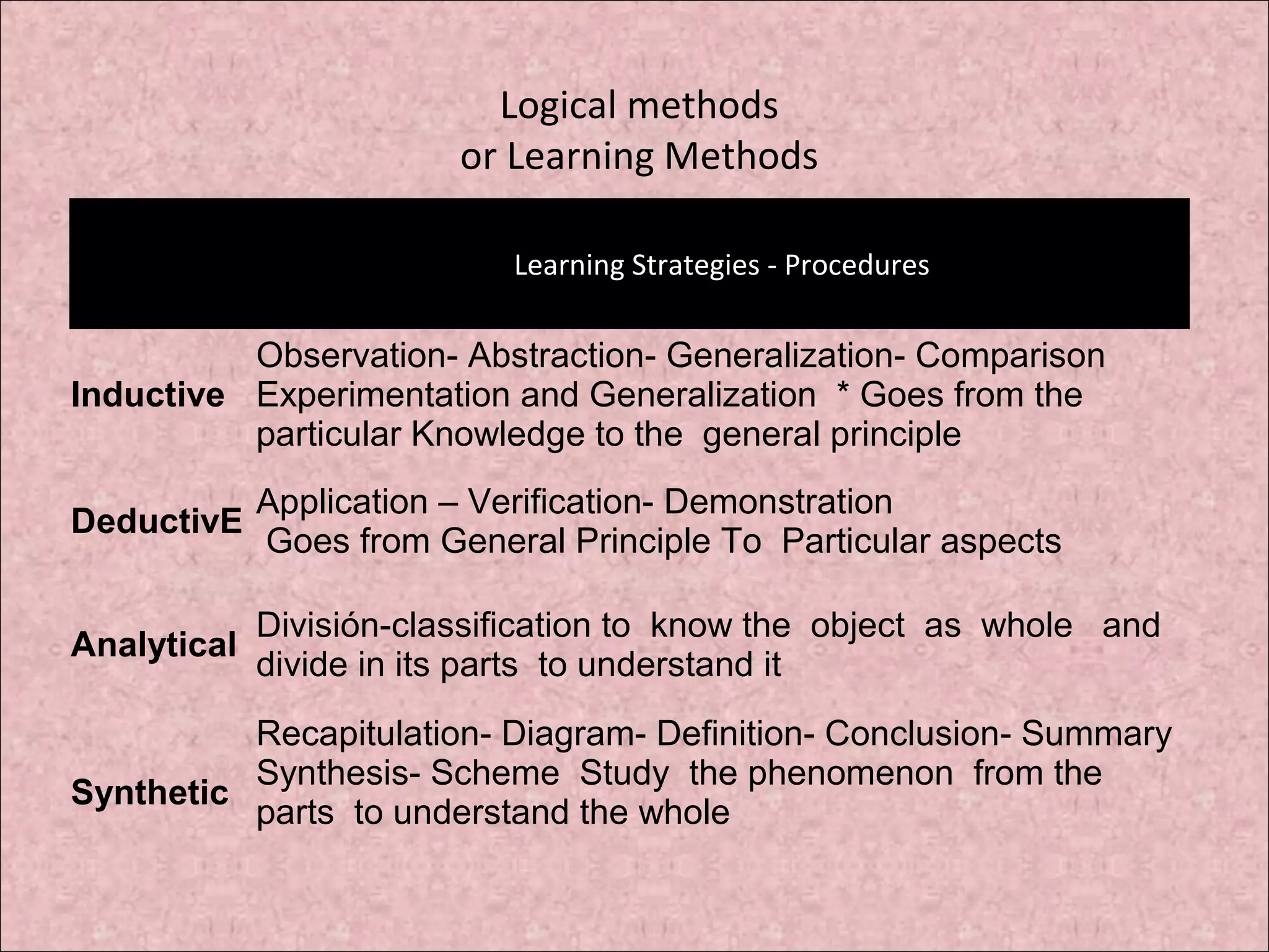 Logical methods
or Learning Methods
Learning Strategies - Procedures
Inductive
Observation- Abstraction- Generalization- Comparison
Experimentation and Generalization * Goes from the
particular Knowledge to the general principle
DeductivE
Application – Verification- Demonstration
Goes from General Principle To Particular aspects
Analytical
División-classification to know the object as whole and
divide in its parts to understand it
Synthetic
Recapitulation- Diagram- Definition- Conclusion- Summary
Synthesis- Scheme Study the phenomenon from the
parts to understand the whole
 