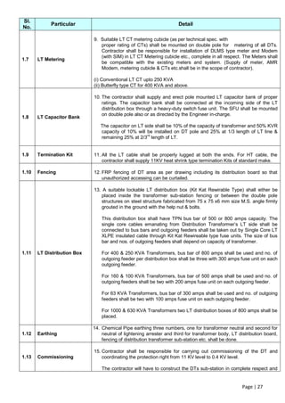 Sl.
            Particular                                                Detail
No.

                             9. Suitable LT CT metering cubicle (as per technical spec. with
                                proper rating of CTs) shall be mounted on double pole for metering of all DTs.
                                Contractor shall be responsible for installation of DLMS type meter and Modem
                                (with SIM) in LT CT Metering cubicle etc., complete in all respect. The Meters shall
1.7    LT Metering
                                be compatible with the existing meters and system. (Supply of meter, AMR
                                Modem, metering cubicle & CTs etc.shall be in the scope of contractor).

                             (i) Conventional LT CT upto 250 KVA
                             (ii) Butterfly type CT for 400 KVA and above.

                             10. The contractor shall supply and erect pole mounted LT capacitor bank of proper
                                 ratings. The capacitor bank shall be connected at the incoming side of the LT
                                 distribution box through a heavy-duty switch fuse unit. The SFU shall be mounted
                                 on double pole also or as directed by the Engineer in-charge.
1.8    LT Capacitor Bank
                                The capacitor on LT side shall be 10% of the capacity of transformer and 50% KVR
                                capacity of 10% will be installed on DT pole and 25% at 1/3 length of LT line &
                                                     rd
                                remaining 25% at 2/3 length of LT.


1.9    Termination Kit       11. All the LT cable shall be properly lugged at both the ends. For HT cable, the
                                 contractor shall supply 11KV heat shrink type termination Kits of standard make.

1.10   Fencing               12. FRP fencing of DT area as per drawing including its distribution board so that
                                 unauthorized accessing can be curtailed.

                             13. A suitable lockable LT distribution box (Kit Kat Rewirable Type) shall either be
                                placed inside the transformer sub-station fencing or between the double pole
                                structures on steel structure fabricated from 75 x 75 x6 mm size M.S. angle firmly
                                grouted in the ground with the help nut & bolts.

                                 This distribution box shall have TPN bus bar of 500 or 800 amps capacity. The
                                 single core cables emanating from Distribution Transformer‟s LT side shall be
                                 connected to bus bars and outgoing feeders shall be taken out by Single Core LT
                                 XLPE insulated cable through Kit Kat Rewireable type fuse units. The size of bus
                                 bar and nos. of outgoing feeders shall depend on capacity of transformer.

1.11   LT Distribution Box       For 400 & 250 KVA Transformers, bus bar of 800 amps shall be used and no. of
                                 outgoing feeder per distribution box shall be three with 300 amps fuse unit on each
                                 outgoing feeder.

                                 For 160 & 100 KVA Transformers, bus bar of 500 amps shall be used and no. of
                                 outgoing feeders shall be two with 200 amps fuse unit on each outgoing feeder.

                                 For 63 KVA Transformers, bus bar of 300 amps shall be used and no. of outgoing
                                 feeders shall be two with 100 amps fuse unit on each outgoing feeder.

                                 For 1000 & 630 KVA Transformers two LT distribution boxes of 800 amps shall be
                                 placed.

                             14. Chemical Pipe earthing three numbers, one for transformer neutral and second for
1.12   Earthing                  neutral of lightening arrester and third for transformer body, LT distribution board,
                                 fencing of distribution transformer sub-station etc. shall be done.

                             15. Contractor shall be responsible for carrying out commissioning of the DT and
1.13   Commissioning             coordinating the protection right from 11 KV level to 0.4 KV level.

                                 The contractor will have to construct the DTs sub-station in complete respect and


                                                                                                     Page | 27
 