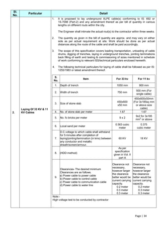 Sl.
           Particular                                                      Detail
No.
                             1.        It is proposed to lay underground XLPE cable(s) conforming to IS: 692 or
                                       1S.7098 (Part-2) and any amendment thereof as per bill of quantity in various
                                       lengths on different routs within the city.

                                       The Engineer shall intimate the actual rout(s) to the contractor within three weeks.

                             2.        The quantity as given in the bill of quantity are approx. and may vary on either
                                       side as per actual requirement at site. Work should be done as per actual
                                       distances along the route of the cable and shall be paid accordingly.

                             3.        The scope of this specification covers loading transportation, unloading of cable
                                       drums, digging of trenches, laying in underground trenches, jointing terminations
                                       back filling of earth and testing & commissioning of sizes mentioned in schedule
                                       of work conforming to relevant ISS/technical particulars enclosed herewith.

                             4.        The following technical particulars for laying of cable shall be followed as per IS:
                                       1255/1983 or latest amendment thereof.

                                 S.
                                                             Item                         For 33 kv            For 11 kv
                                 No.
                                  1.    Depth of trench                                   1050 mm               900 mm
                                                                                                             500 mm (For
                                  2.    Width of trench                                    750 mm
                                                                                                             single cable)
                                                                                                            450x600x50mm
                                                                                           450x600         (For 3x185sq mm
                                  3.    Size of stone slab
                                                                                           x50 mm            or above size
      Laying Of 33 KV & 11                                                                                       cable)
2.    KV Cables                   4.    No. of stone slab per meter                          1.67                 1.67
                                                                                                             9x2 for 3x185
                                  5.    No. fo bricks per meter                              9x2
                                                                                                             mm2 or above
                                                                                         0.563 cubic             0.375
                                  6.    Local sand per meter
                                                                                            meter             cubic meter
                                        D.C voltage to which cable shall withstand
                                        for 5 minutes after completion of
                                  7.    laying/jointing/termination (in kms) between        60 KV                18 KV
                                        any conductor and metallic
                                        sheath/screen/armour.
                                                                                            As per
                                                                                         specification
                                  8.    (HDD method)
                                                                                        given in Vol. II
                                                                                            part A

                                                                                       Clearance not       Clearance not
                                                                                       necessary,          necessary,
                                        Clearances- The desired minimum
                                                                                       however larger      however larger
                                        Clearances are as follows.
                                                                                       the clearance       the clearance
                                        a) Power cable to power cable
                                  9.                                                   better would be     better would be
                                        b) Power cable to control cable
                                                                                       current carrying    current carrying
                                        c) Power cable to communication cable
                                                                                       capacity.           capacity.
                                        d) Power cable to water line
                                                                                           0.2 meter            0.2 meter
                                                                                           0.3 meter            0.3 meter
                                                                                           0.3 meter            0.3 meter
                             Note:-
                             High voltage test to be conducted by contractor

                             .


                                                                                                            Page | 34
 