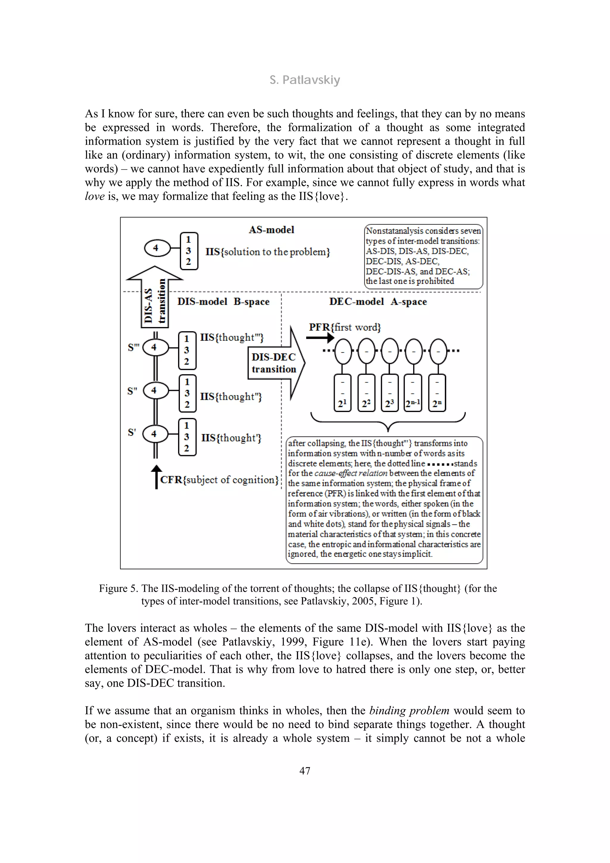 S. Patlavskiy
47
As I know for sure, there can even be such thoughts and feelings, that they can by no means
be expressed in words. Therefore, the formalization of a thought as some integrated
information system is justified by the very fact that we cannot represent a thought in full
like an (ordinary) information system, to wit, the one consisting of discrete elements (like
words) – we cannot have expediently full information about that object of study, and that is
why we apply the method of IIS. For example, since we cannot fully express in words what
love is, we may formalize that feeling as the IIS{love}.
Figure 5. The IIS-modeling of the torrent of thoughts; the collapse of IIS{thought} (for the
types of inter-model transitions, see Patlavskiy, 2005, Figure 1).
The lovers interact as wholes – the elements of the same DIS-model with IIS{love} as the
element of AS-model (see Patlavskiy, 1999, Figure 11e). When the lovers start paying
attention to peculiarities of each other, the IIS{love} collapses, and the lovers become the
elements of DEC-model. That is why from love to hatred there is only one step, or, better
say, one DIS-DEC transition.
If we assume that an organism thinks in wholes, then the binding problem would seem to
be non-existent, since there would be no need to bind separate things together. A thought
(or, a concept) if exists, it is already a whole system – it simply cannot be not a whole
 