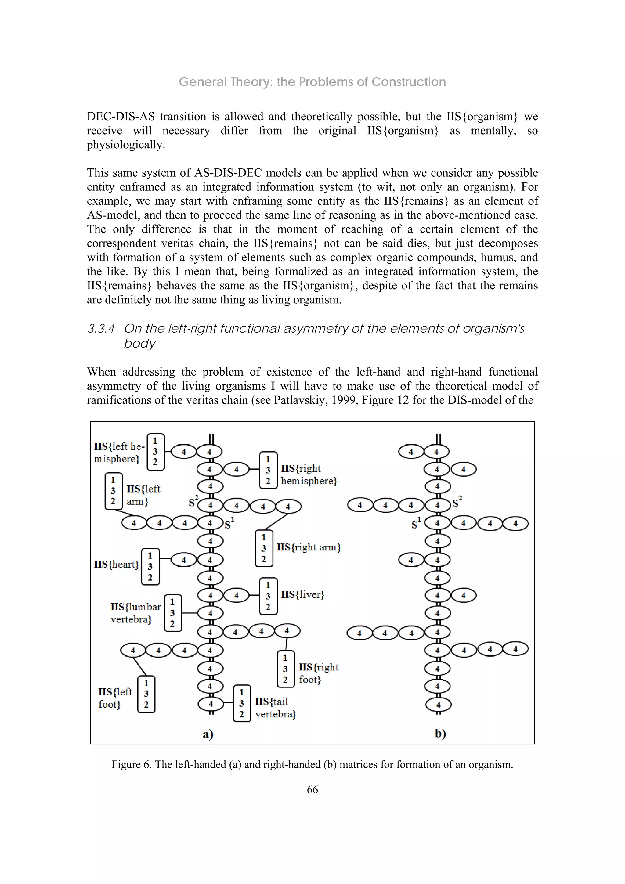 General Theory: the Problems of Construction
66
DEC-DIS-AS transition is allowed and theoretically possible, but the IIS{organism} we
receive will necessary differ from the original IIS{organism} as mentally, so
physiologically.
This same system of AS-DIS-DEC models can be applied when we consider any possible
entity enframed as an integrated information system (to wit, not only an organism). For
example, we may start with enframing some entity as the IIS{remains} as an element of
AS-model, and then to proceed the same line of reasoning as in the above-mentioned case.
The only difference is that in the moment of reaching of a certain element of the
correspondent veritas chain, the IIS{remains} not can be said dies, but just decomposes
with formation of a system of elements such as complex organic compounds, humus, and
the like. By this I mean that, being formalized as an integrated information system, the
IIS{remains} behaves the same as the IIS{organism}, despite of the fact that the remains
are definitely not the same thing as living organism.
3.3.4 On the left-right functional asymmetry of the elements of organism's
body
When addressing the problem of existence of the left-hand and right-hand functional
asymmetry of the living organisms I will have to make use of the theoretical model of
ramifications of the veritas chain (see Patlavskiy, 1999, Figure 12 for the DIS-model of the
Figure 6. The left-handed (a) and right-handed (b) matrices for formation of an organism.
 