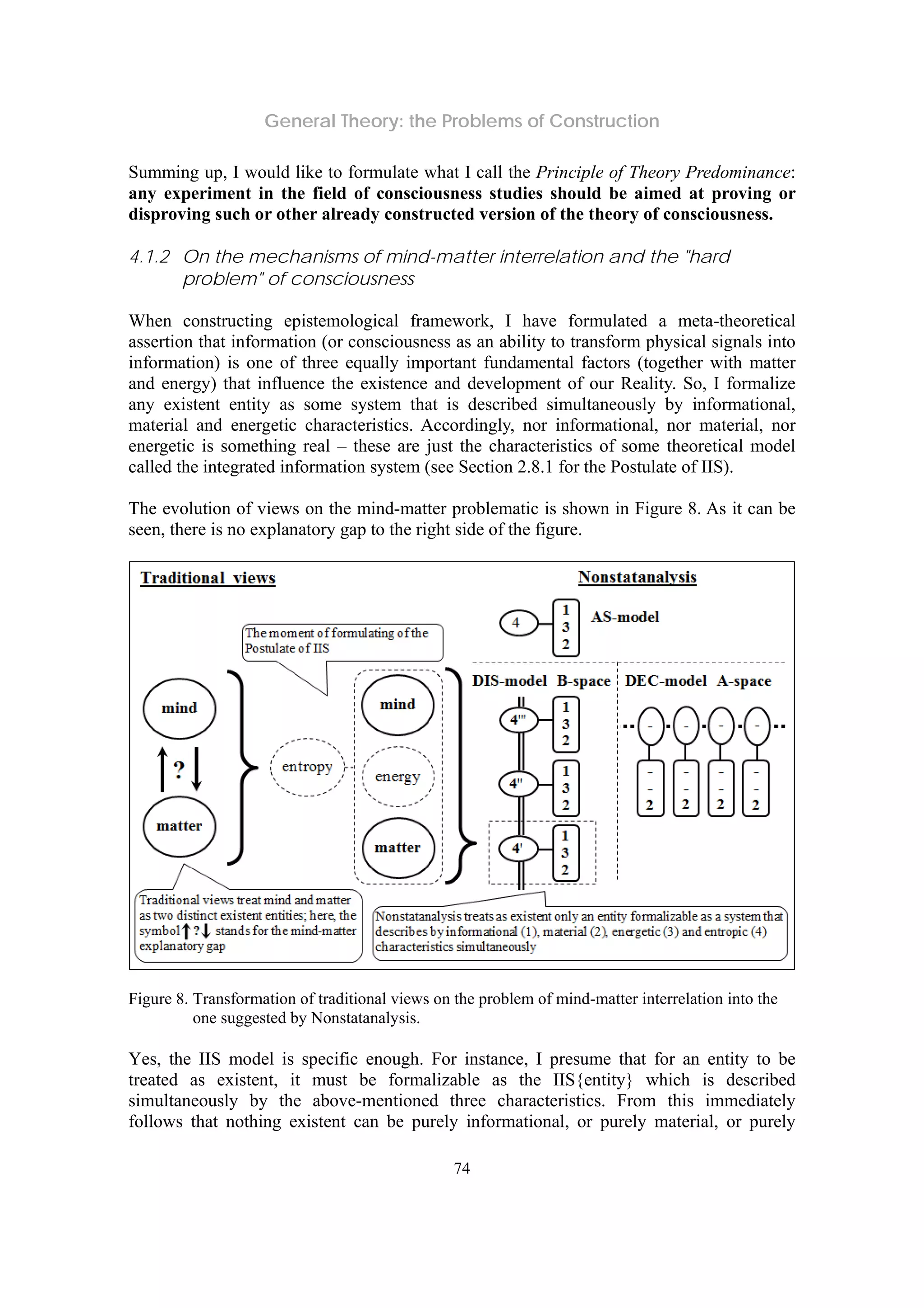 General Theory: the Problems of Construction
74
Summing up, I would like to formulate what I call the Principle of Theory Predominance:
any experiment in the field of consciousness studies should be aimed at proving or
disproving such or other already constructed version of the theory of consciousness.
4.1.2 On the mechanisms of mind-matter interrelation and the "hard
problem" of consciousness
When constructing epistemological framework, I have formulated a meta-theoretical
assertion that information (or consciousness as an ability to transform physical signals into
information) is one of three equally important fundamental factors (together with matter
and energy) that influence the existence and development of our Reality. So, I formalize
any existent entity as some system that is described simultaneously by informational,
material and energetic characteristics. Accordingly, nor informational, nor material, nor
energetic is something real – these are just the characteristics of some theoretical model
called the integrated information system (see Section 2.8.1 for the Postulate of IIS).
The evolution of views on the mind-matter problematic is shown in Figure 8. As it can be
seen, there is no explanatory gap to the right side of the figure.
Figure 8. Transformation of traditional views on the problem of mind-matter interrelation into the
one suggested by Nonstatanalysis.
Yes, the IIS model is specific enough. For instance, I presume that for an entity to be
treated as existent, it must be formalizable as the IIS{entity} which is described
simultaneously by the above-mentioned three characteristics. From this immediately
follows that nothing existent can be purely informational, or purely material, or purely
 