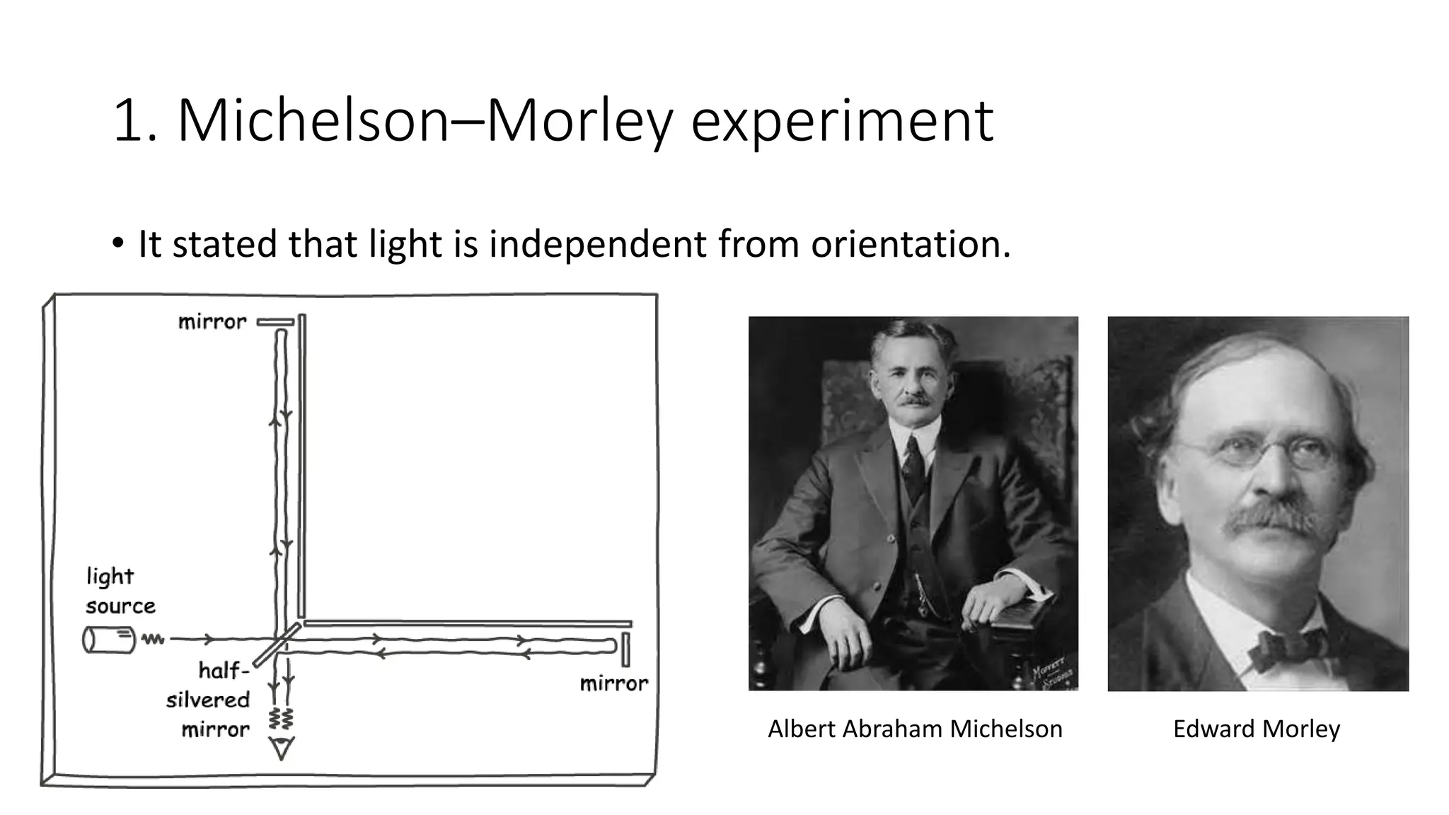 1. Michelson–Morley experiment
• It stated that light is independent from orientation.
Albert Abraham Michelson Edward Morley
 