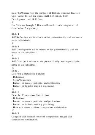 Describe/Summarize the purpose of Holistic Nursing Practice
Core Value 2: Holistic Nurse Self-Reflection, Self-
Development, and Self-Care.
5
For Slides 4 through 6 Discuss/Describe each component of
Core Value 2 separately:
Slide 4
Self-Reflection (as it relates to the patient/family and the nurse
as an individual)
5
Slide 5
Self-Development (as it relates to the patient/family and the
nurse as an individual)
5
Slide 6
Self-Care (as it relates to the patient/family and especiallythe
nurse as an individual)
10
Slide 7
Describe Compassion Fatigue:
· Definition
· Signs/Symptoms
· Impact on nurses, patients, and profession
· Impact on holistic nursing practicing
10
Slide 8
Describe Compassion Satisfaction:
· Definition
· Impact on nurses, patients, and profession
· Impact on holistic nursing practicing
· How can nurses achieve compassion satisfaction
10
Slide 9
Compare and contrast between compassion fatigue and
compassion satisfaction.
 