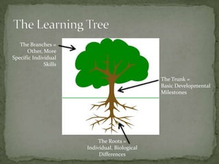 The Branches =
      Other, More
Specific Individual
              Skills

                                                The Trunk =
                                                Basic Developmental
                                                Milestones




                            The Roots =
                       Individual, Biological
                            Differences
 
