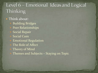  Think about:
   Building Bridges
   Peer Relationships
   Social Repair
   Social Cues
   Emotional Regulation
   The Role of Affect
   Theory of Mind
   Themes and Subjects – Staying on Topic
 