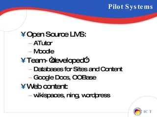 Pilot Systems Open Source LMS:  ATutor Moodle Team- “developed”: Databases for Sites and Content Google Docs, OOBase Web content: wikispaces, ning, wordpress 