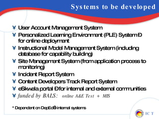Systems to be developed User Account Management System Personalized Learning Environment (PLE) System – for online deployment Instructional Model Management System (including database for capability building) Site Management System (from application process to monitoring) Incident Report System Content Developers Track Report System eSkwela portal – for internal and external communities funded by BALS:  online A&E Test  +  MIS * Dependent on DepEd’s internal systems 