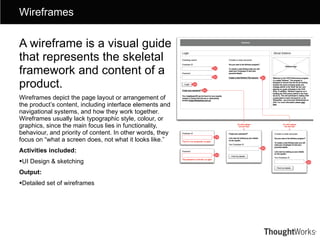 <ul><li>A wireframe is a visual guide that represents the skeletal framework and content of a product. </li></ul><ul><li>W...