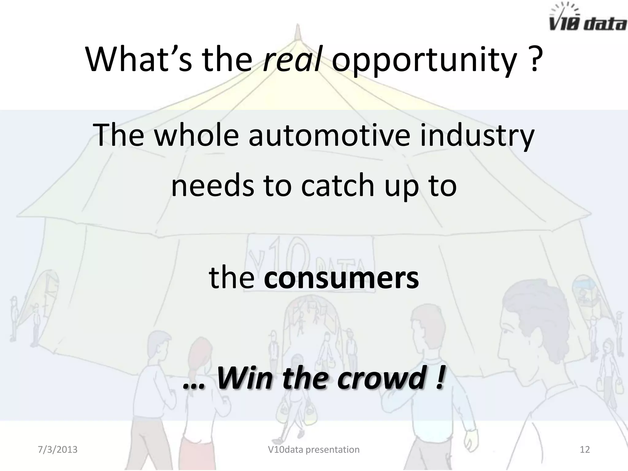 What’s the real opportunity ?
The whole automotive industry
needs to catch up to
the consumers
… Win the crowd !
7/24/2013 V10data presentation 12
 