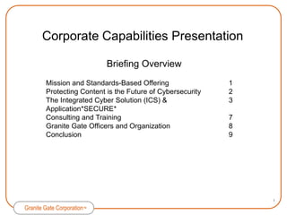 Corporate Capabilities PresentationBriefing OverviewMission and Standards-Based Offering	1Protecting Content is the Future of Cybersecurity 	2The Integrated Cyber Solution (ICS) &	3Application*SECURE* 	 Consulting and Training 	7Granite Gate Officers and Organization	8Conclusion 	9iGranite Gate Corporation™