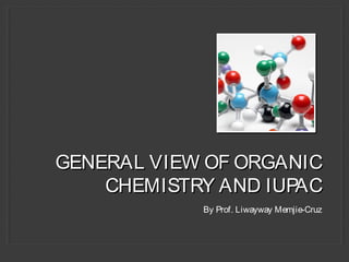 GENERAL VIEW OF ORGANICGENERAL VIEW OF ORGANIC
CHEMISTRY AND IUPACCHEMISTRY AND IUPAC
By Prof. Liwayway Memjie-Cruz
 
