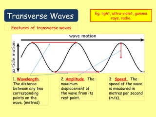Transverse Waves
Eg. light, ultra-violet, gamma
rays, radio.
Features of transverse waves
1. Wavelength.
The distance
between any two
corresponding
points on the
wave. (metres)
2. Amplitude. The
maximum
displacement of
the wave from its
rest point.
3. Speed. The
speed of the wave
is measured in
metres per second
(m/s).
 