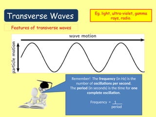 Transverse Waves
Eg. light, ultra-violet, gamma
rays, radio.
Features of transverse waves
Remember! The frequency (in Hz) is the
number of oscillations per second.
The period (in seconds) is the time for one
complete oscillation.
Frequency = 1
period
 