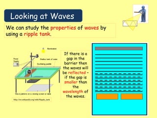 Looking at Waves
We can study the properties of waves by
using a ripple tank.
http://en.wikipedia.org/wiki/Ripple_tank
If there is a
gap in the
barrier then
the waves will
be reflected –
if the gap is
smaller than
the
wavelength of
the waves.
 