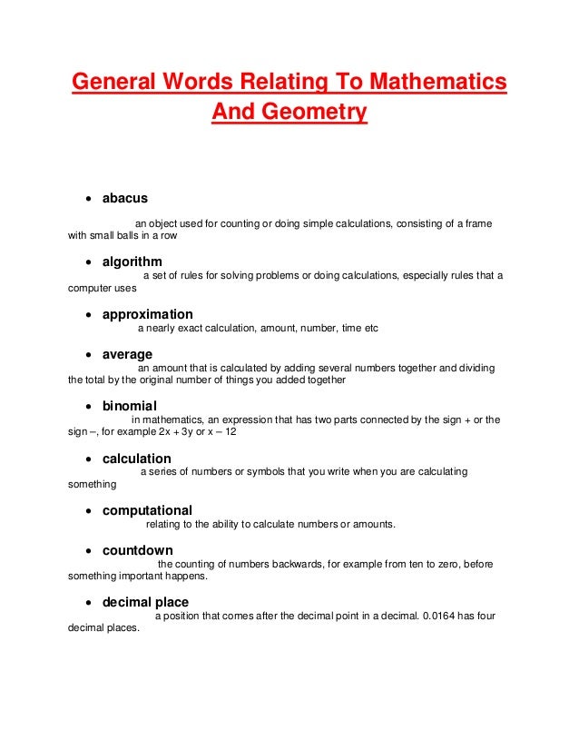 General words relating to mathematics and geometry