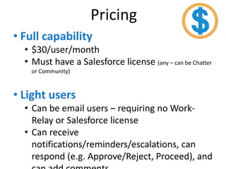 Pricing
• Full capability
• $30/user/month
• Must have a Salesforce license (any – can be Chatter
or Community)
• Light users
• Can be email users – requiring no Work-
Relay or Salesforce license
• Can receive
notifications/reminders/escalations, can
respond (e.g. Approve/Reject, Proceed), and
 