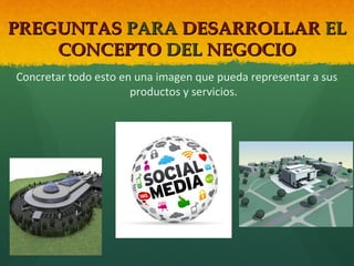 PREGUNTAS PARA DESARROLLAR EL
CONCEPTO DEL NEGOCIO
Concretar todo esto en una imagen que pueda representar a sus
productos y servicios.

 