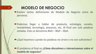 5

MODELO DE NEGOCIO
Existen tantas definiciones de Modelo de Negocio como de
personas.
Podemos llegar a hablar de produ...