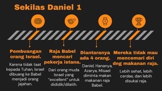 Sekilas Daniel 1
Daniel, Hananya,
Azarya, Misael
diminta makan
makanan raja
Babel.
Karena tidak taat
kepada Tuhan, Israel
dibuang ke Babel
menjadi orang
jajahan.
Dari orang muda
Israel yang
“excellent” untuk
dididik/dilatih.
Lebih sehat, lebih
cerdas, dan lebih
disukai raja.
Diantaranya
ada 4 orang.
Pembuangan
orang Israel.
Raja Babel
mencari
pekerja istana.
Mereka tidak mau
mencemari diri
dng makanan raja.
 